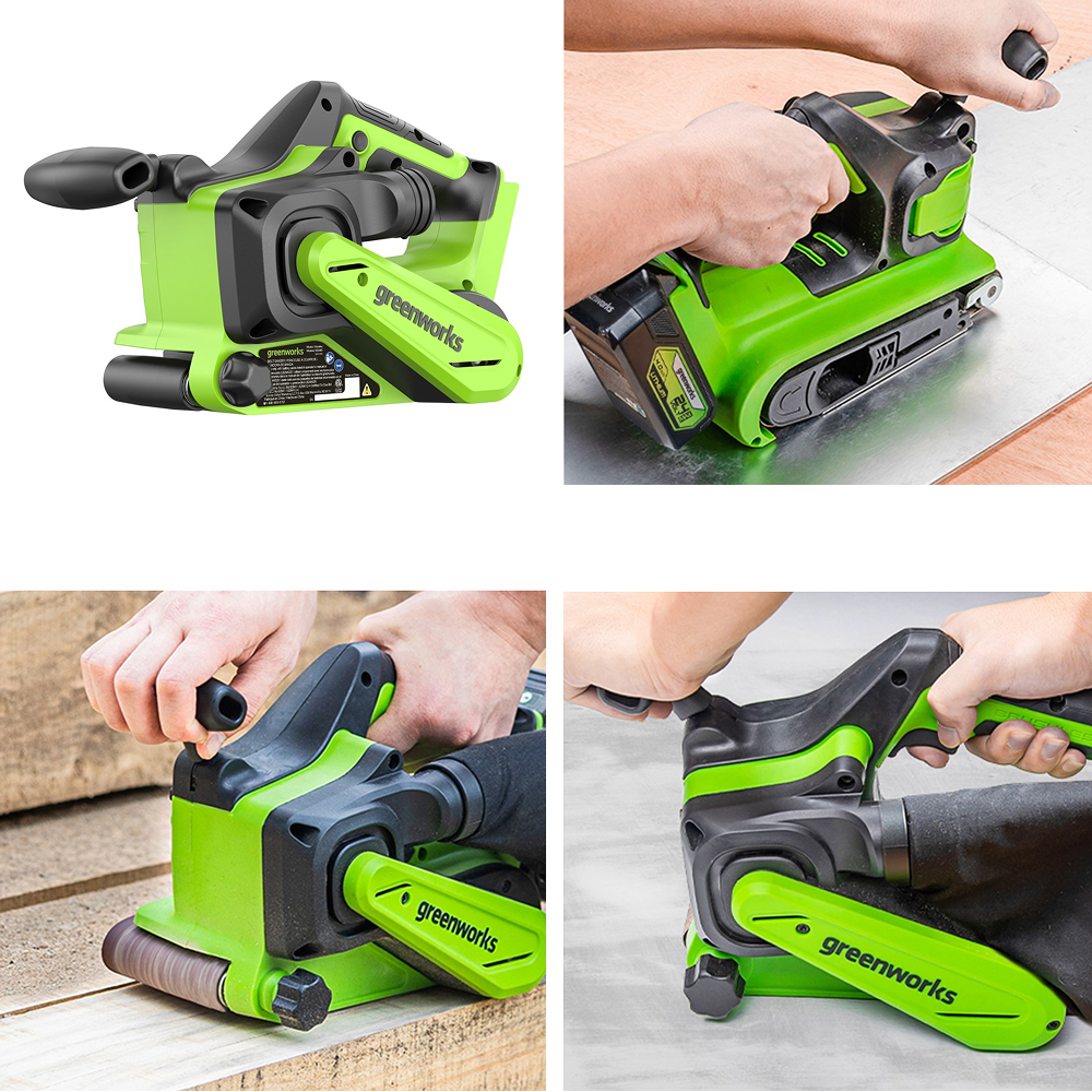 Аккумуляторная ленточная шлифовальная машина Greenworks G24BS б/щ, 24v (без АКБ и З/У) - Шлифмашина имеет бесключевую систему для быстрой замены и регулировки натяжения шлифовальной ленты. Фронтальная рукоятка 5 пять регулируемых положений, что позволяет настроить инструмент под размер заготовки и повысить комфорт оператора. Для продолжительной работы предусмотрен фиксатор клавиши выключателя.