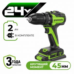 Аккумуляторная дрель-шуруповерт Greenworks DD345 б/щ, 27/45 Н·м, 24v (АКБ 1х2Ah, З/У) Аккумуляторная дрель-шуруповерт Greenworks DD345 б/щ, 27/45 Н·м, 24v (АКБ 1х2Ah, З/У)