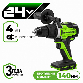 Аккумуляторная ударная дрель-шуруповерт Greenworks GD24DD140 б/щ, 70/140 Н·м, 24v (АКБ 1x4Ah, З/У)