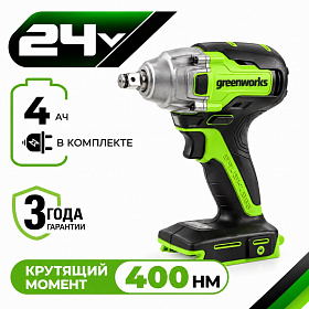 Аккумуляторный ударный гайковерт Greenworks GD24IW400 б/щ, 1/2'', 400 Н·м, 24v (АКБ 1х4Ah, З/У)